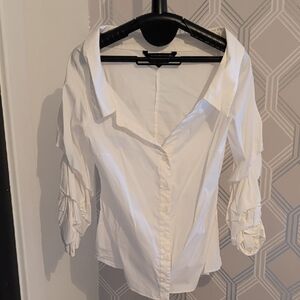 Zara White Button Down Shirt with Ruffled Sleeves